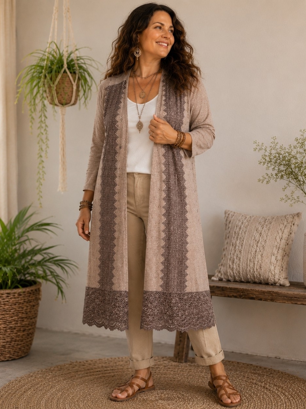 Simply Noelle Taupe Open Front Knit Cardigan Lace Bottom Sz L/ XL
